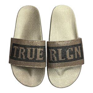 True Religion Jasmine Bling Gold Black Slides Slippers Women's Size 9
